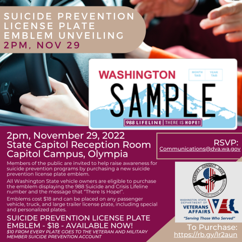 Suicide prevention license plate emblem unveiling 2pm, Nov 29